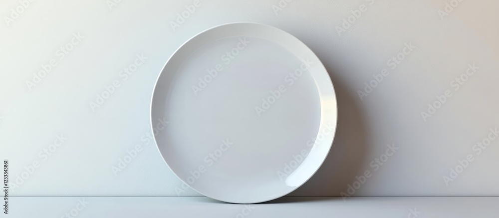 Poster empty white ceramic plate on a light background providing ample space for text or design elements in