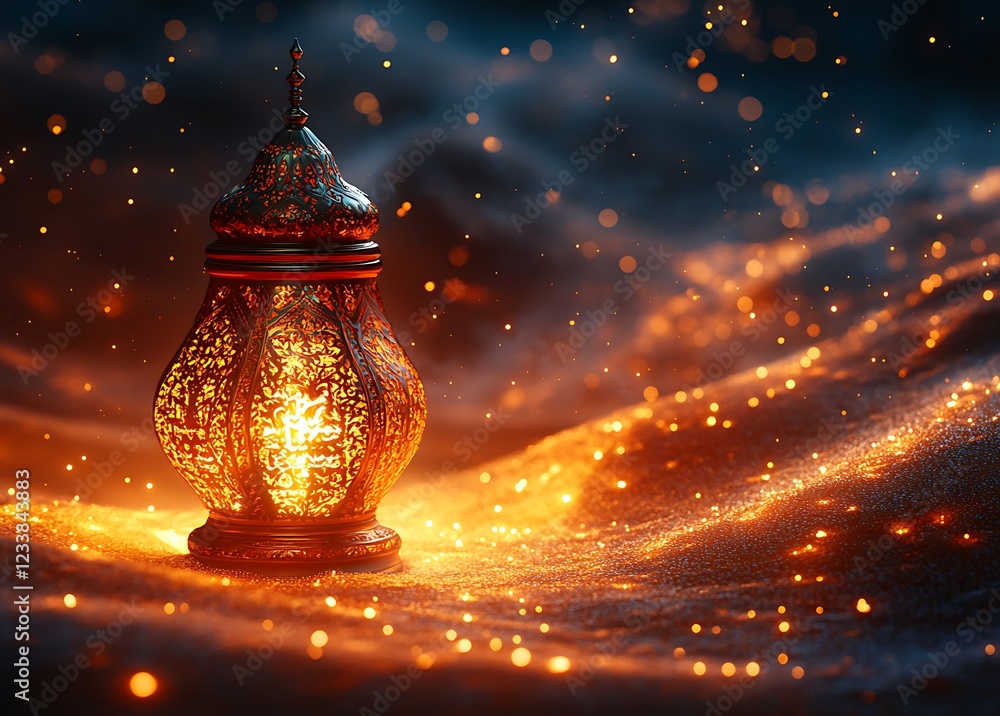 Poster illuminated moroccan lantern on glittering fabric with bokeh effect in the background
