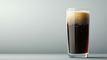 Dark cold brew coffee in a tall glass with frothy bubbles against a grey background, featuring ample empty space for text insertion.