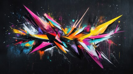 Vibrant graffiti artwork features dynamic shapes and bold colors against a dark background,...