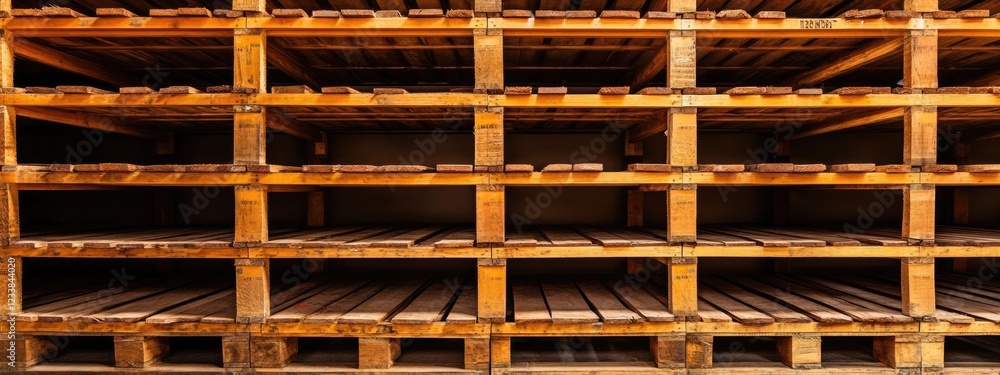 Poster warehouse storage racks filled with wooden pallets in a vast empty space ideal for text or graphic o