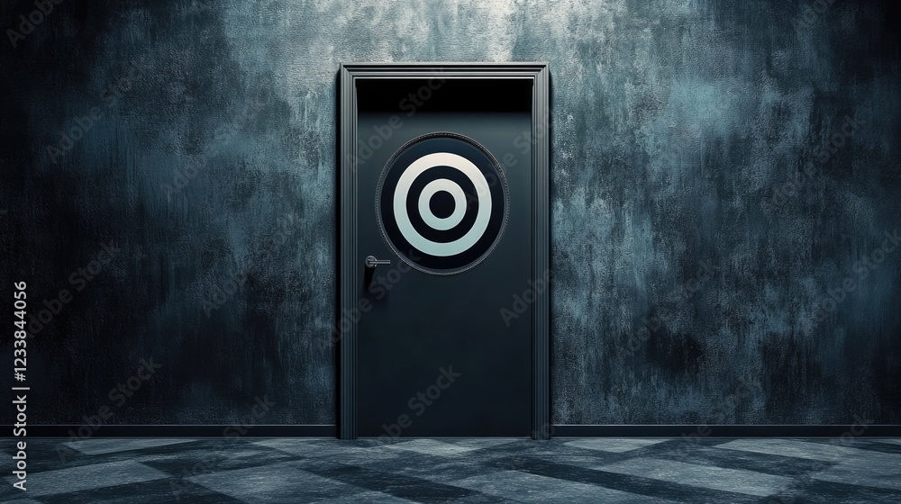 Poster mysterious dark room with targeted door and blank space for custom text overlay