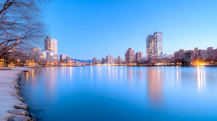 Fototapeta premium City skyline at twilight, waterfront park, calm water, winter, urban landscape, travel photography