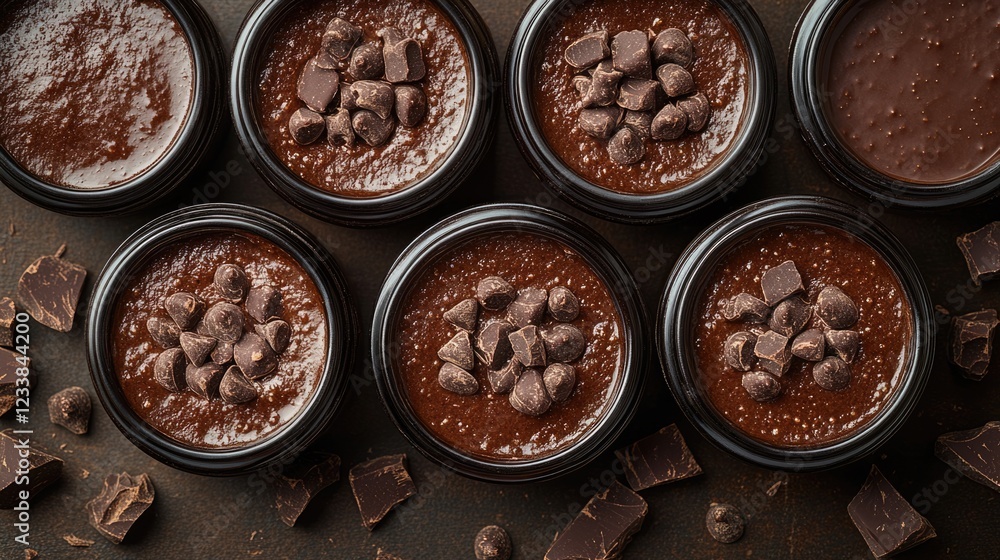Poster Decadent chocolate mousse served in jars with toppings and dark chocolate pieces on a rustic background with empty space for text