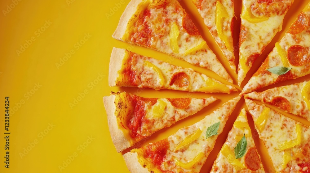 Aufkleber delicious sliced pizza on vibrant yellow background with empty space for text or advertisements