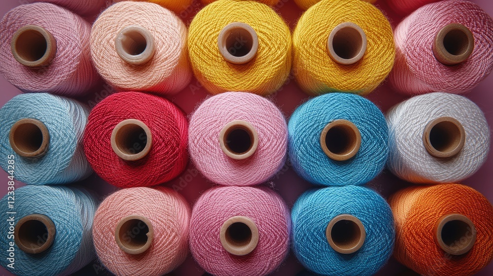 Poster assorted colorful sewing thread spools arranged in a neat pattern top view showcasing vibrant hues f