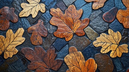 Fototapeta premium Three Color Oak Leaves Mosaic on Dark Blue Wooden Floor with Copy Space for Text Ideal for Fall or Nature Themed Designs