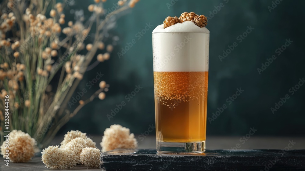 Aufkleber elegant frothy beer in tall glass with malt and hops surrounded by decorative elements and empty spa