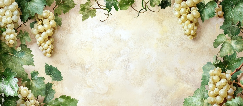 Poster white grape bunches on vine surrounded by green leaves with textured background and ample space for 