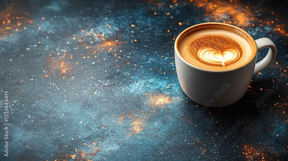 Poster coffee cup on a cosmic dark space patterned table with a creative background and ample empty space f