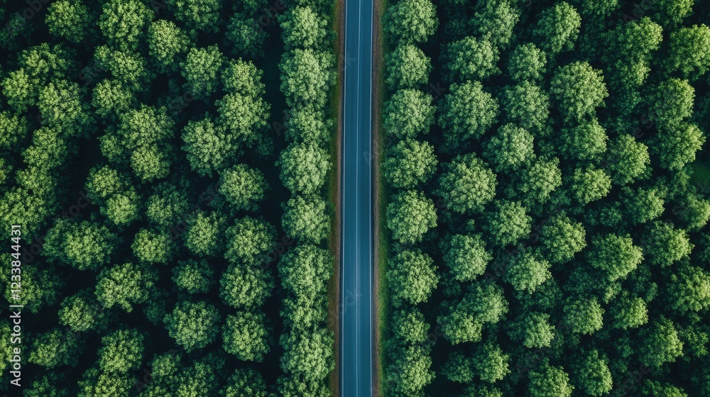 Poster lush green trees flanking a straight road creating a serene landscape with ample space for text or g