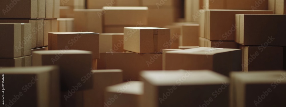 Poster warehouse interior filled with numerous stacked cardboard boxes and empty space for customizable tex