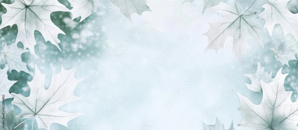 Poster white maple leaves framing green forest background with clear sky space for custom text or graphics