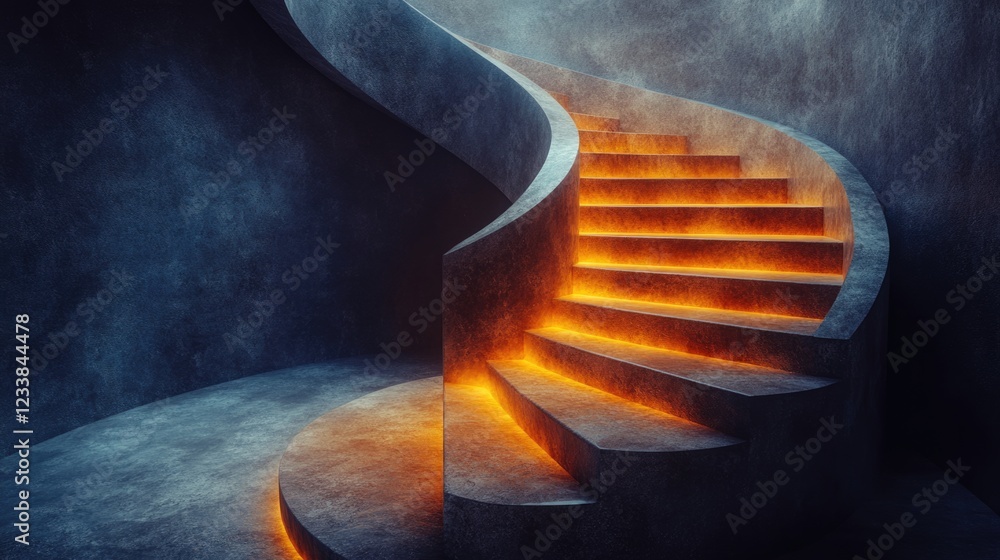 Poster illuminated circular stairs exuding elegance and mystery ideal for text overlay in a moody atmospher