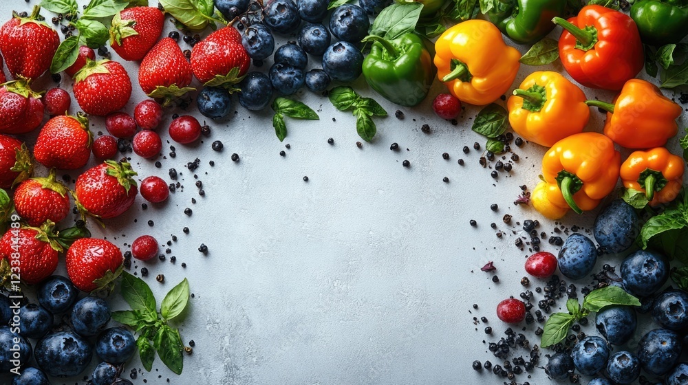 Poster vibrant assortment of fresh bell peppers and berries arranged on a light background with space for t