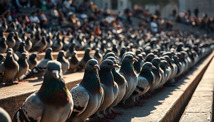 Obraz premium Urban Pigeon Gathering: A Serene, Sunlit Street Scene