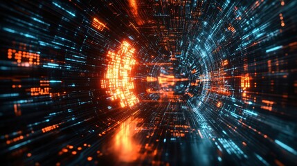 Obraz premium Abstract digital tunnel with glowing orange and blue lines and geometric shapes on dark background