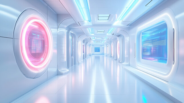 Futuristic, glowing corridor with neon lights and elegant 3D architectural design evoking themes of science fiction, technology and innovation. Perfect for tech, gaming and film industries.