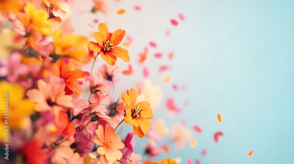 Poster vibrant colorful flowers in bloom with empty copyspace for text background use