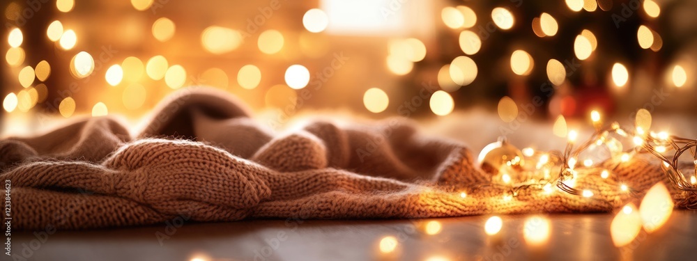 Poster warm cozy home decor with blurred christmas lights background and empty space for text in a soft and