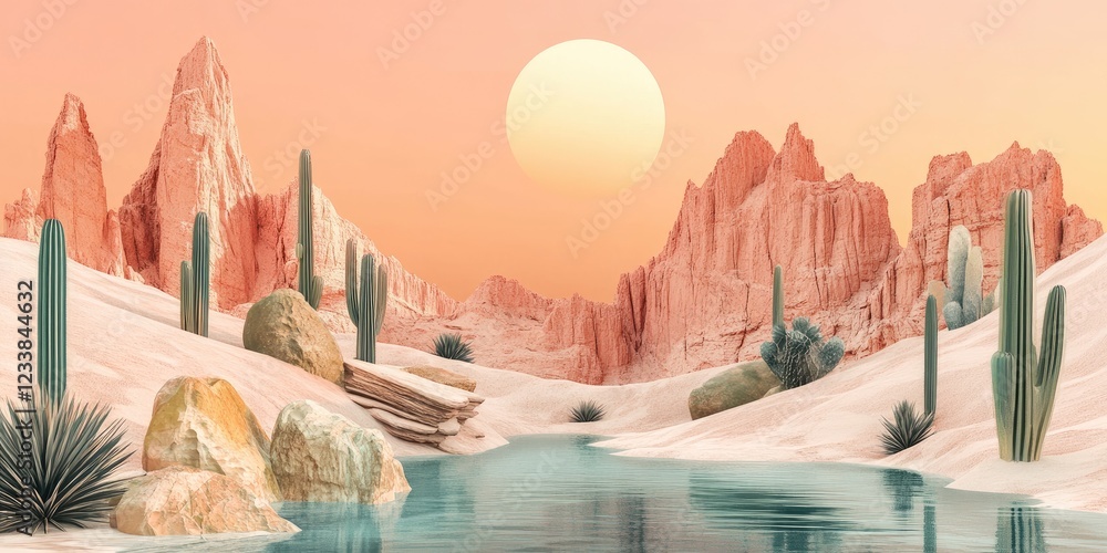 Aufkleber serene desert oasis scene featuring vibrant buttes and retro design elements in a dreamlike aestheti