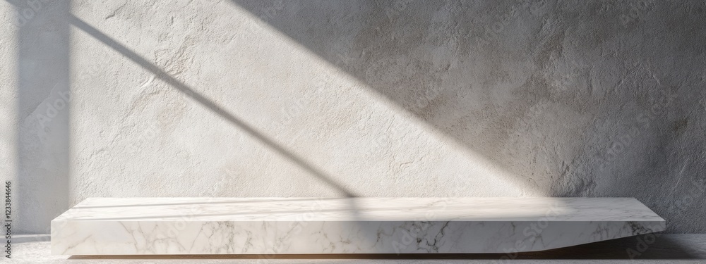 Poster elegant white natural stone table casting light and shadow with ample blank space for text in minima