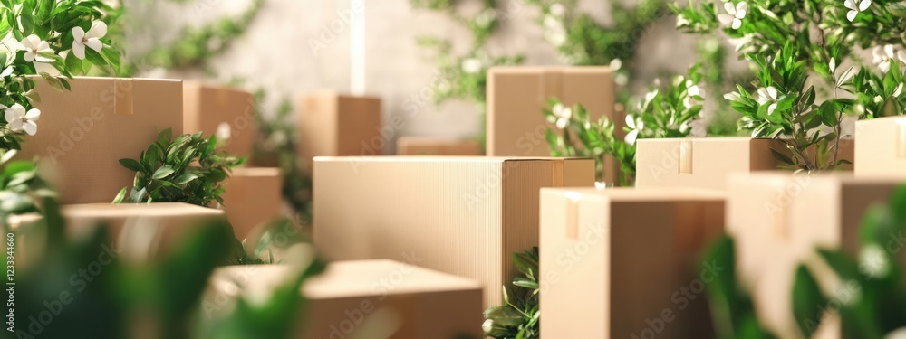 Poster warehouse logistics center surrounded by greenery with boxes and empty space for text representation