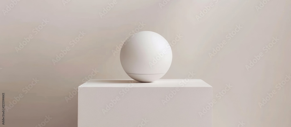 Poster minimalist white sphere on a white podium with ample negative space for customizable text or design 