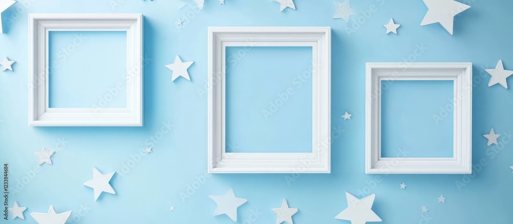 Poster white picture frames with star decorations on a blue background creating ample empty space for custo