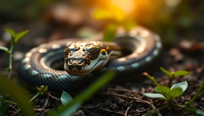 Obraz premium Python in Golden Sunlight: A Serpentine Close-up