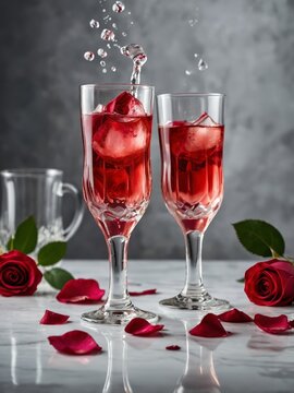 Refreshing rose sharbat served in a glass with ice and a dynamic splash, capturing the essence of floral sweetness and summer indulgence. A perfect blend of tradition and refreshment.