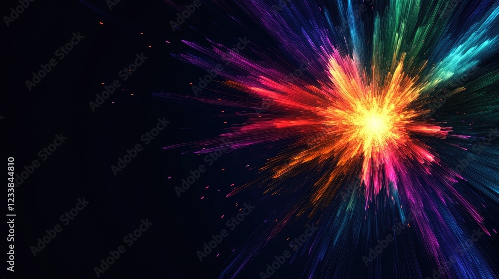 Poster colorful explosion of light on dark background creating a dynamic space for text or graphic elements