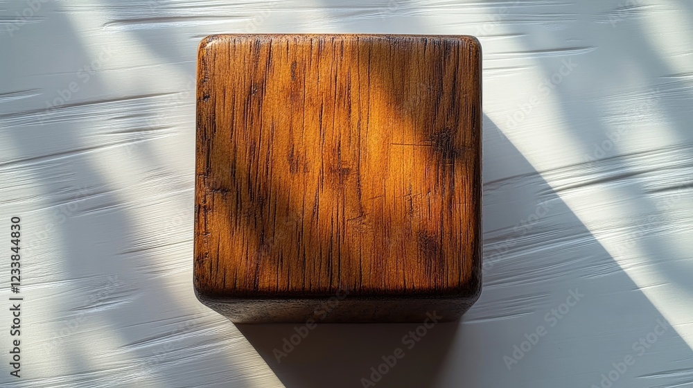 Poster wooden die placed on a white surface casting shadows with ample space for text or graphic overlay in