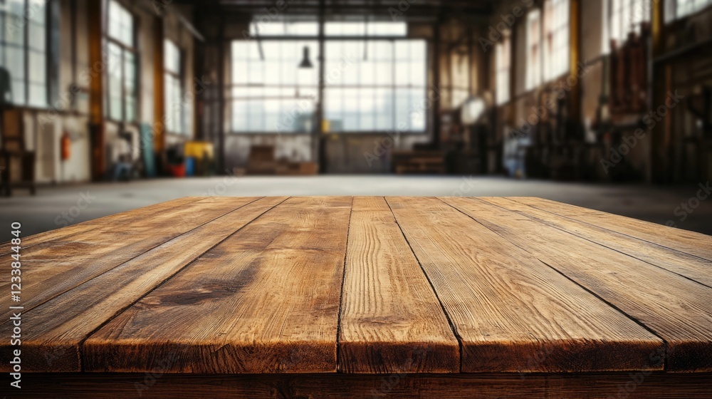 Poster wooden table in spacious industrial setting with ample empty copy space for showcasing text or produ