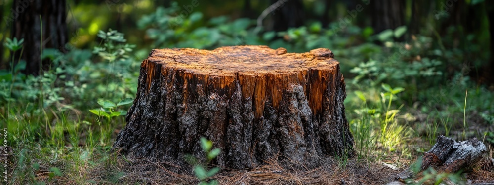 Poster weathered tree stump surrounded by lush forest with empty space for text or graphic elements