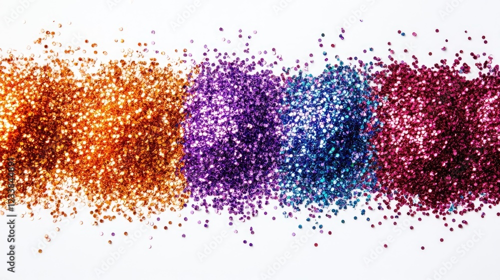 Poster colorful glitter particles in vibrant shades on white background with selective focus and empty copy