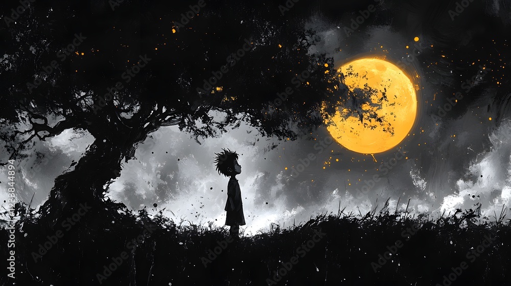 Poster whimsical blackandwhite sketch featuring a small boy joyfully conversing with the moon and stars enh