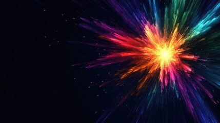 Fototapeta premium Colorful explosion of light on dark background creating a dynamic space for text or graphic elements in a creative design concept.
