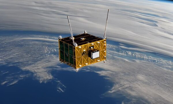 CubeSat orbiting Earth, cloud formations visible, space technology, science research