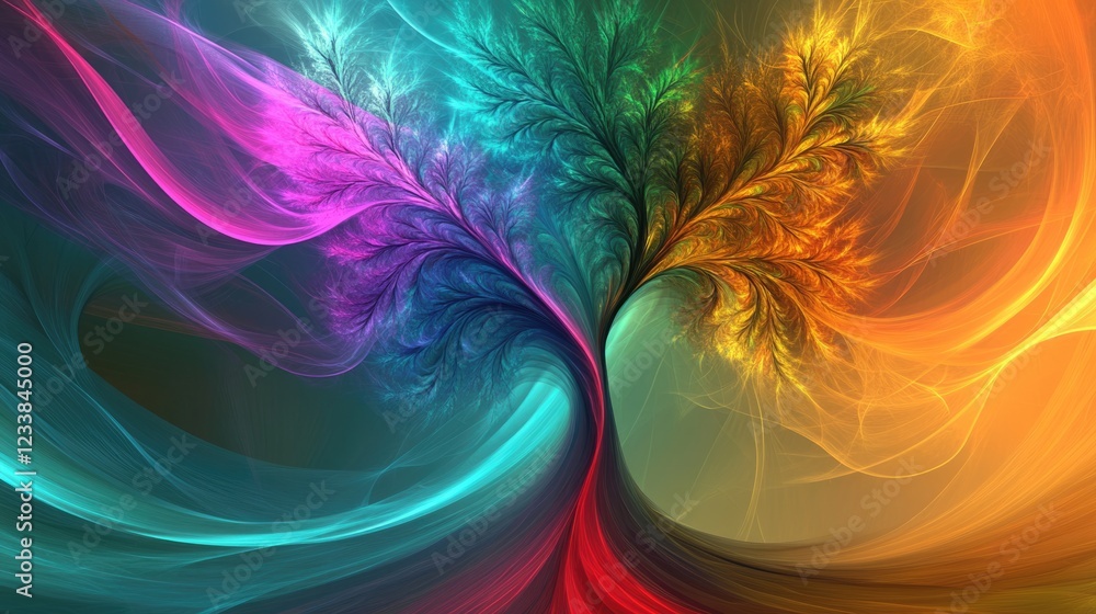Poster colorful fractal tree design with vibrant hues and flowing lines ideal for abstract backgrounds or c