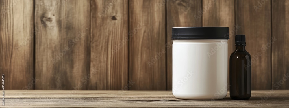 Poster plastic container with black lid and amber bottle on wooden surface empty space for branding or text
