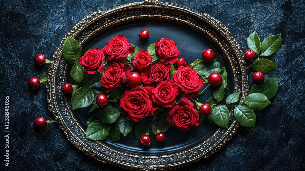 Poster Elegant red roses arranged in an ornate black tray on a dark textured background with space for personalized text or messages