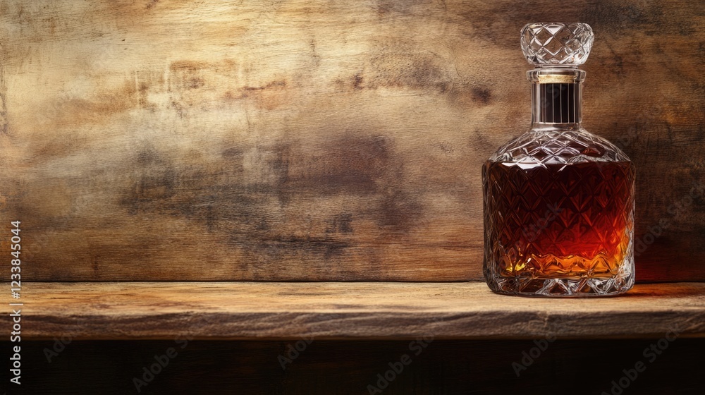 Poster elegant vintage cognac bottle on rustic wooden shelf with distinctive labeling and empty space for c
