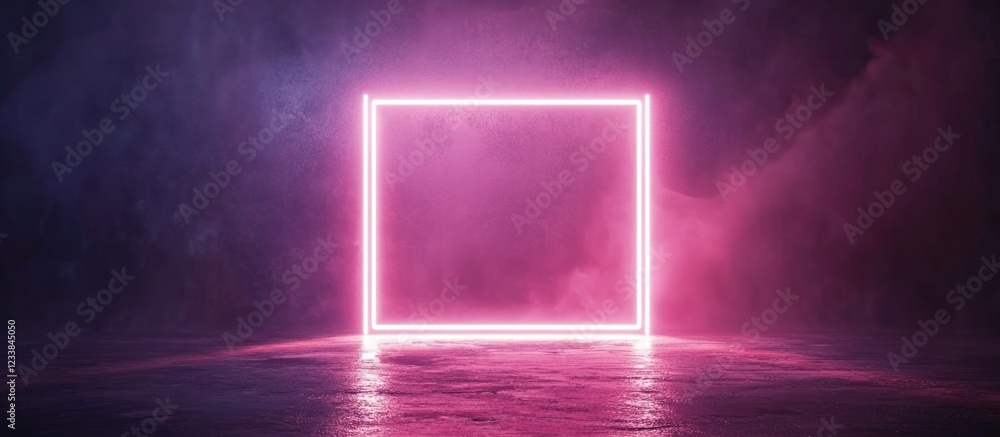 Poster illuminated neon square frame with blank space for custom text in a dimly lit environment