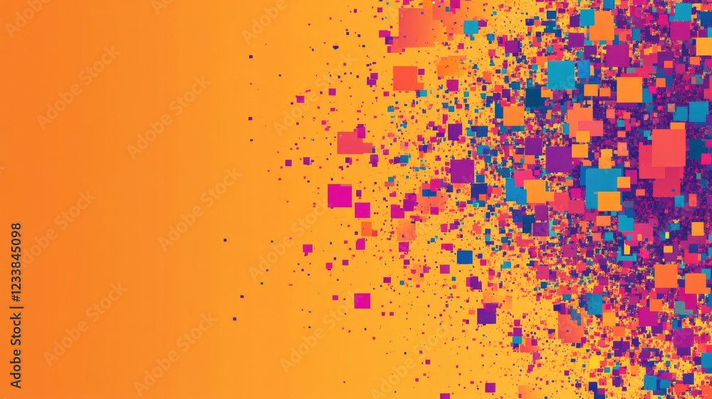 Aufkleber Vibrant Abstract Colorful Background with Floating Squares and Empty Space for Text in Bright Orange and Pink Tones