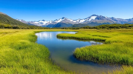 Naklejka premium Serene Landscape of Green Grass and Calm Water Under Clear Sky