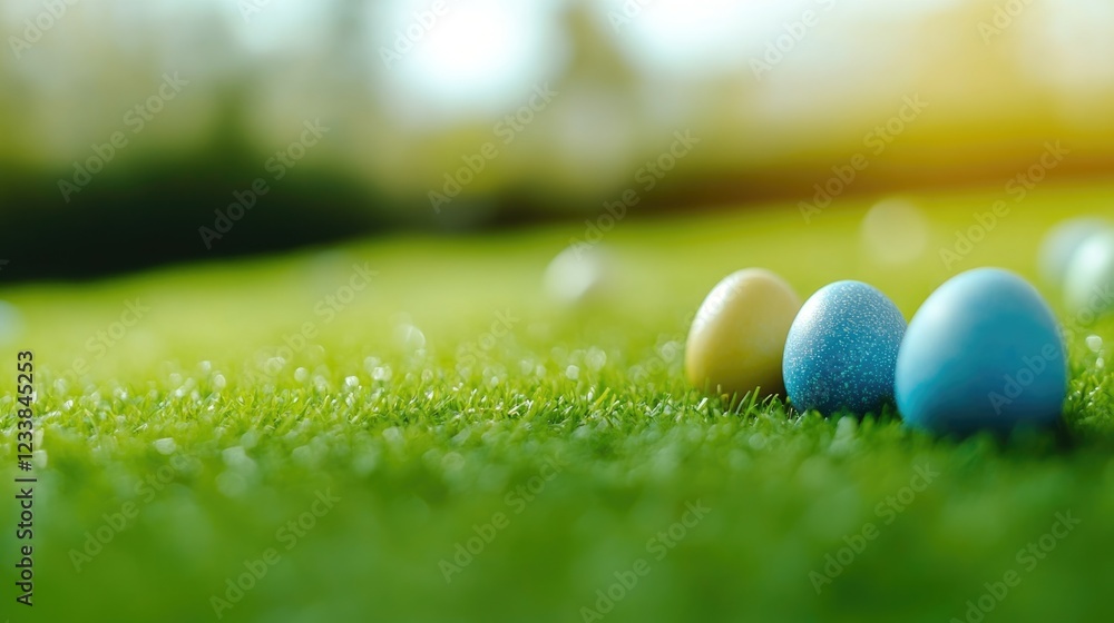 Aufkleber colorful easter eggs arranged on lush green grass in natural setting with soft focus and space for t