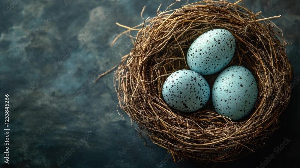 Poster easter eggs in a natural nest on a dark background with space for text ideal for seasonal celebratio