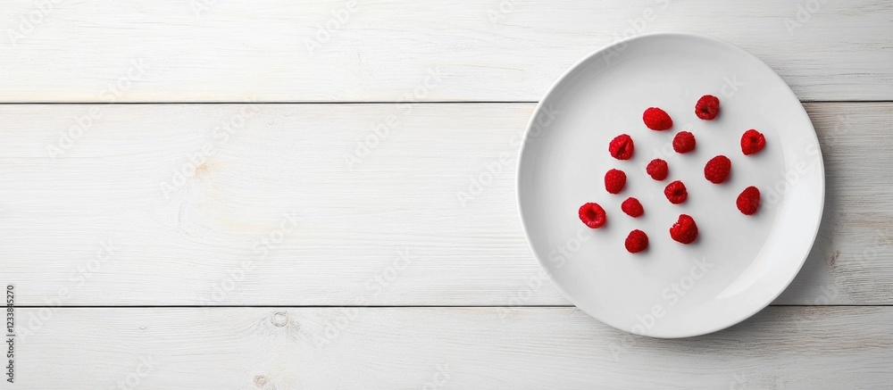 Poster fresh raspberries arranged on a white plate atop a light wooden table with ample negative space for 