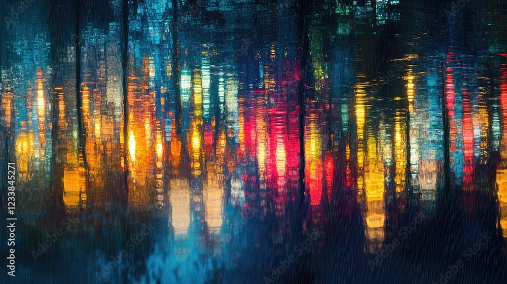 Aufkleber vibrant abstract reflection of city lights in rainy night creating a colorful blurred background for